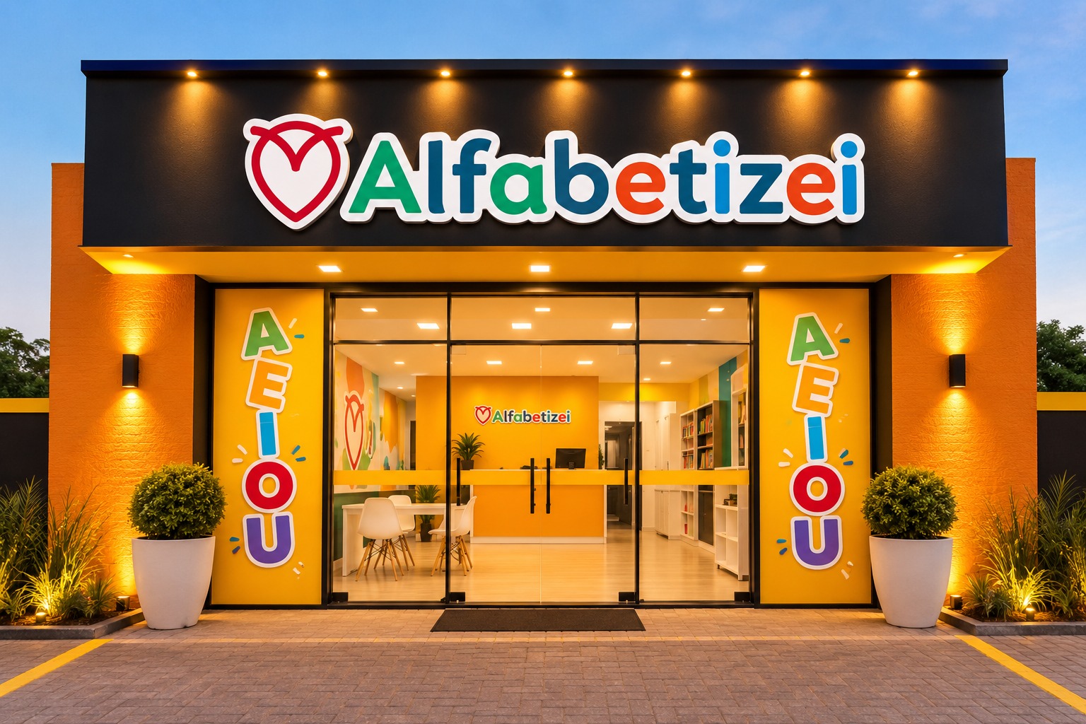 Unidade padrão Alfabetizei com fachada da marca e espaço de acolhimento